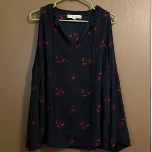 Loft navy, floral cold shoulder long sleeve blouse, M